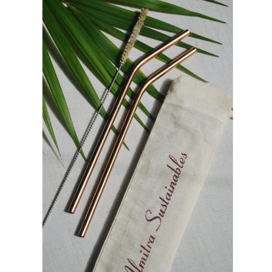 Almitra Reusable Copper Straw (Bent) Pack of 2 with Cleaner
