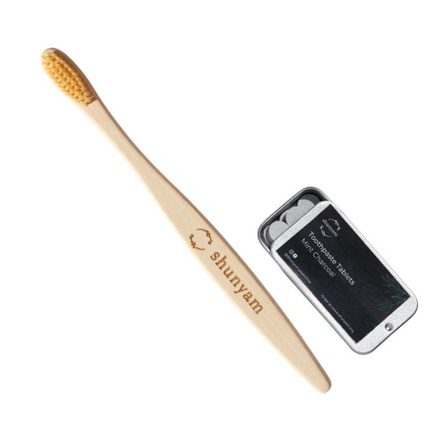 Shunyam - Toothpaste Tablet Travel Kit (Mint Charcoal) + Bamboo Brush Combo